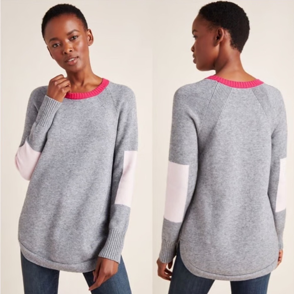 Anthropologie Colorblock Raglan Sweater‎ Pink Trim Grey Women's XS